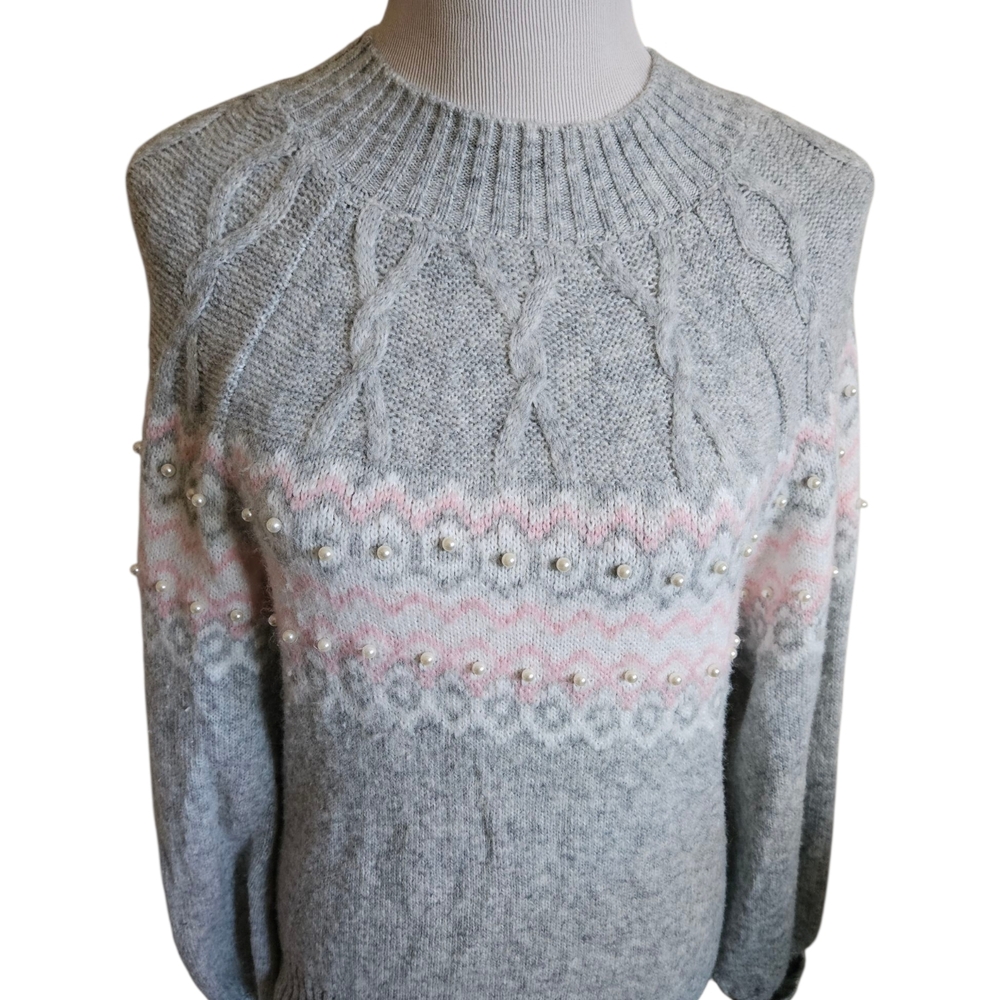 Crown & Ivy Light Gray Sweater with Pink Accents
